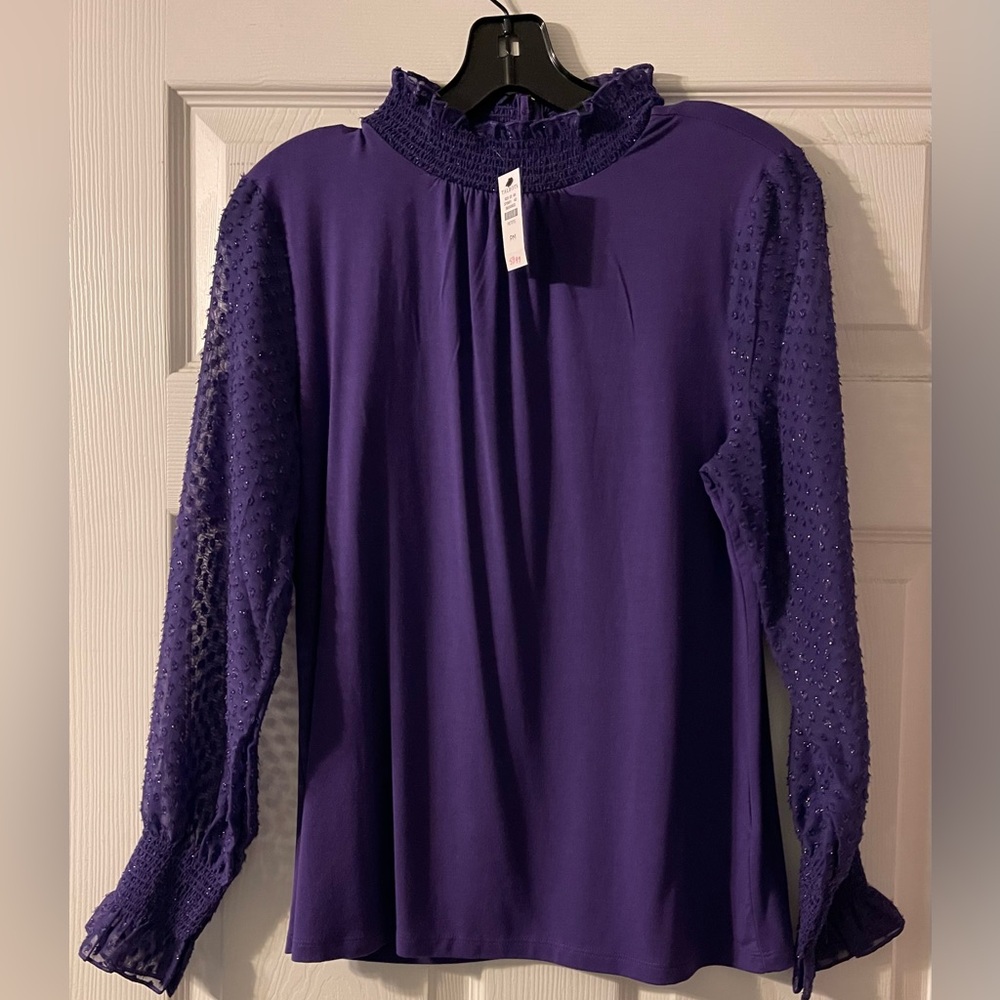💜✨ Talbots Petite Smocked Neck Blouse PM | Purple Long Sleeve Top 👗🌟 NWT 💜